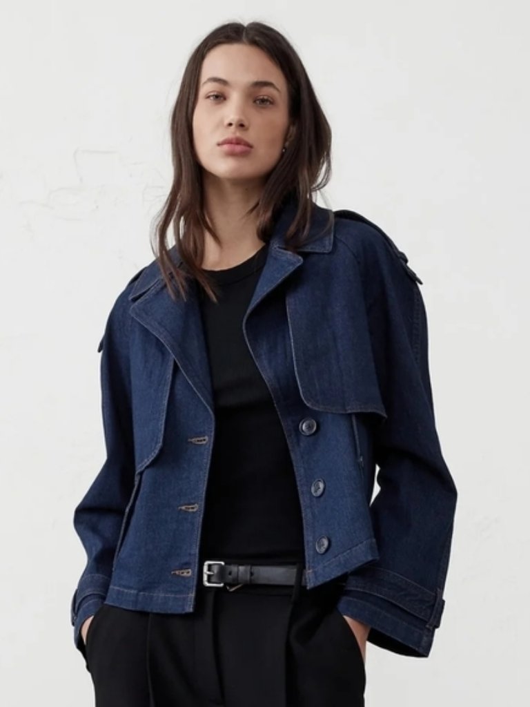 Nwt Banana Republic Short Trench Jacket Denim Dark Wash